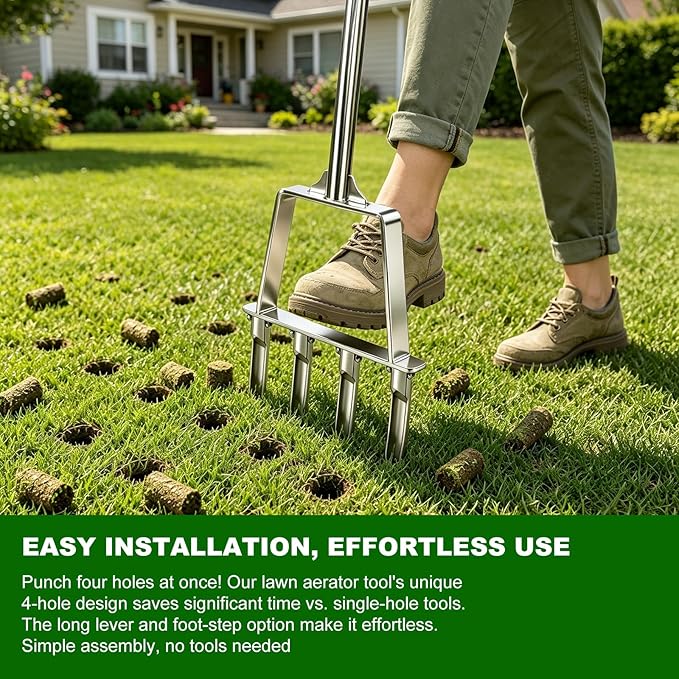 Core Aerator Lawn Tool Manual Lawn Aerator Tool with 4 Hollow Tines Non-Clogging Heavy Duty Plug Aerator for Soil Loosening Lawn Aeration, Revives Lawn Health,Garden Tool