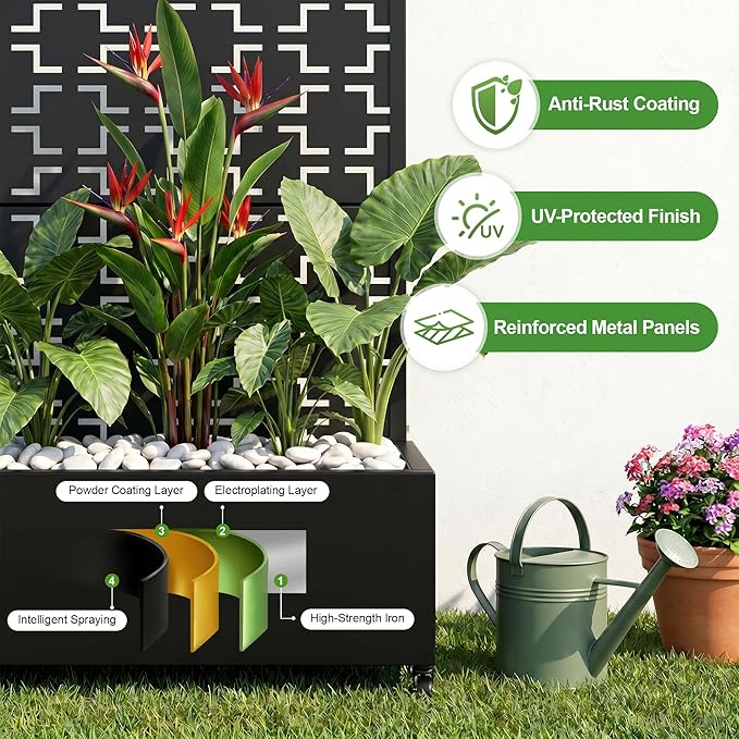 Casaphoria Metal Raised Garden Bed with Trellis and Wheels, 47"x47"x16" Planter Box for Climbing Plants, Vegetables & Vines, Features Drainage Holes and Privacy Screen (Black-Square)