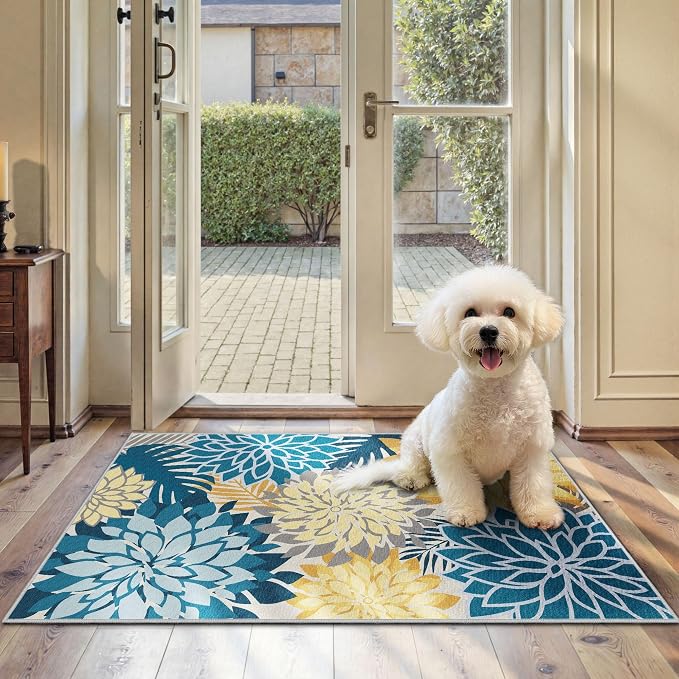 Arenarug 2x3 Colorful Washable Small Rug Tropical Botanical Modern Floral Indoor Chenille Door Mat Carpet Non Slip for Patio, Entry Way, Entrance, Porch, Ocean Dahlia