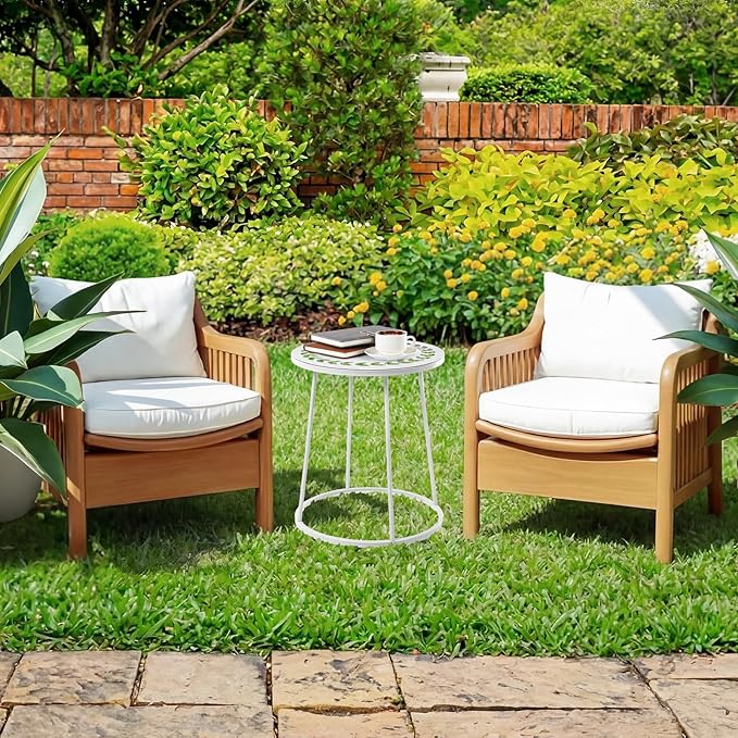 Vercraft Small Outdoor Side Table, 14" Patio Side Tables with Flower Cut Outs Weather Resistant Metal Outdoor End Table for Patio Outside Porch Balconies Garden(White,Simple)