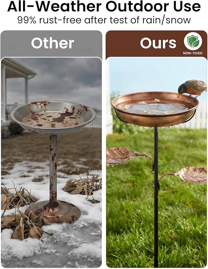 Metal Bird Bath for Outside - Stable Copper Birdbath with Thickened 5-Prong Base | Windproof Heavy Duty Bird Feeder for Garden, Removable Bowl, Rust-Resistant