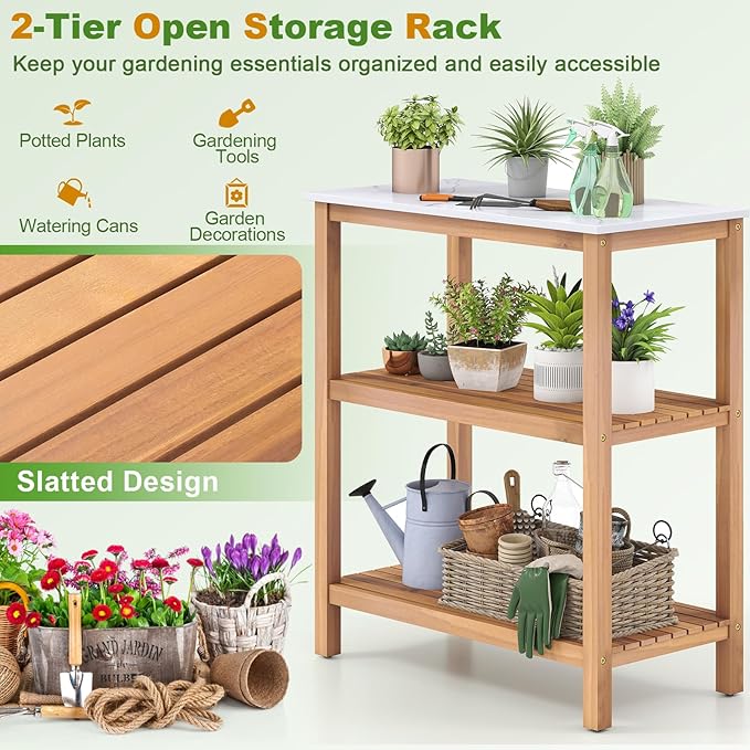 Giantex 3-Tier Outdoor Potting Bench, Acacia Wood Planting Workstation with Faux Marble Tabletop, Open Storage Shelves, 300LBS Capacity, Garden Potting Table for Horticulture