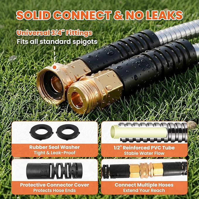 Cesun 100 ft Metal Garden Hose, Stainless Steel Heavy Duty Water Hose With 10 Function Nozzle, No Kink & Flexible, Lightweight and Durable, Rust Proof for Yard, RV, Pet Bath, Outdoor, 100 foot x 5/8"