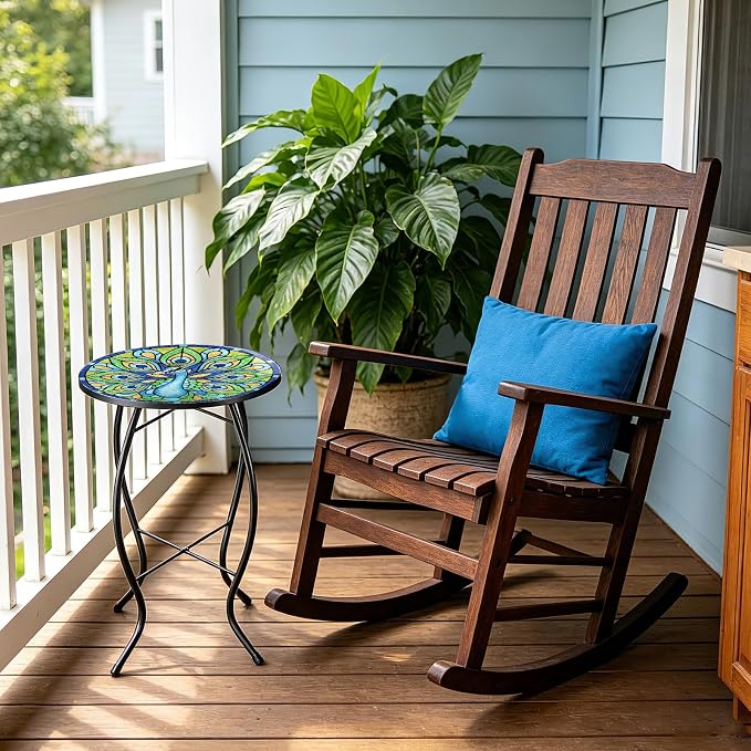 MUMTOP Outdoor Side Table - Small Mosaic Patio Tables, 14” Round Accent End Coffee Glass Plant Stand for Garden Living Room(Peacock)