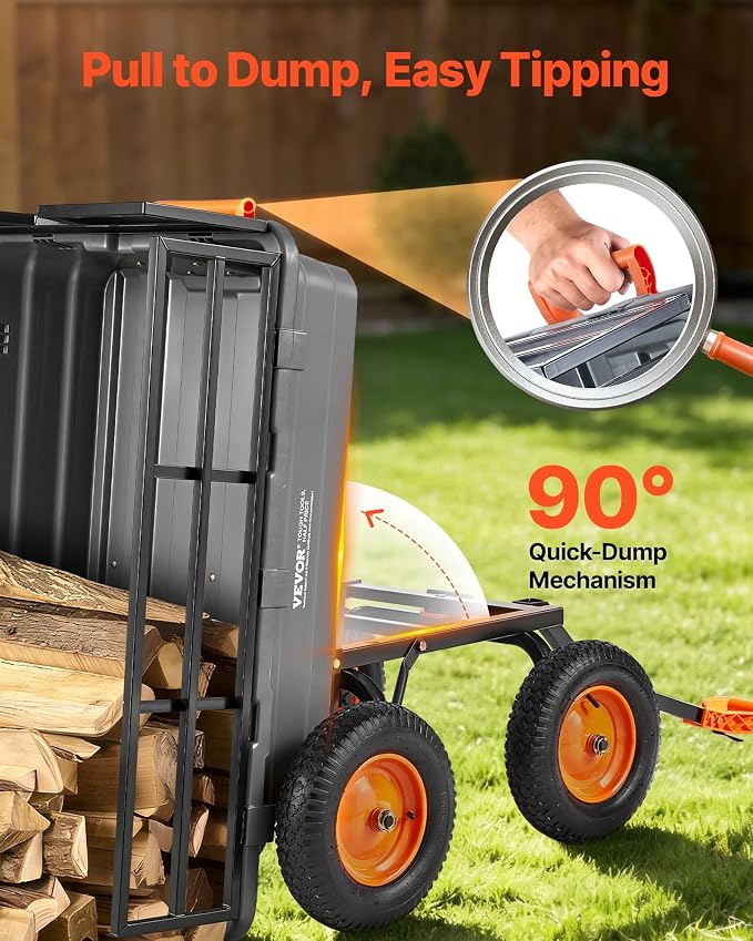 VEVOR Garden Dump Cart 1500lbs 15 Cu.Ft, Heavy Duty Wheelbarrow with Convertible Handle and 16" Flat Free Tires, Outdoor Yard Wagon ATV Trailer Dump Cart Tow Behind for Lawn Mower Tractor