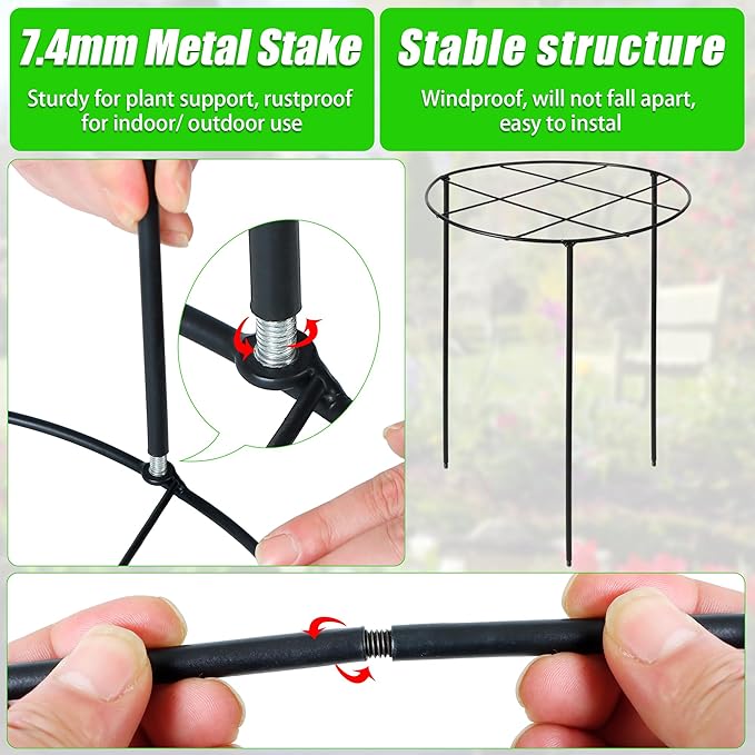 3 Pcs Large Peony Cages and Supports, 31.5"H x 12.6"D Grow Through Plant Support for Outdoor Plants, 7mm Stake Heavy Duty Metal Peonies Support Cage Peony Ring Plant Grid for Vegetables Roses Tomatoes
