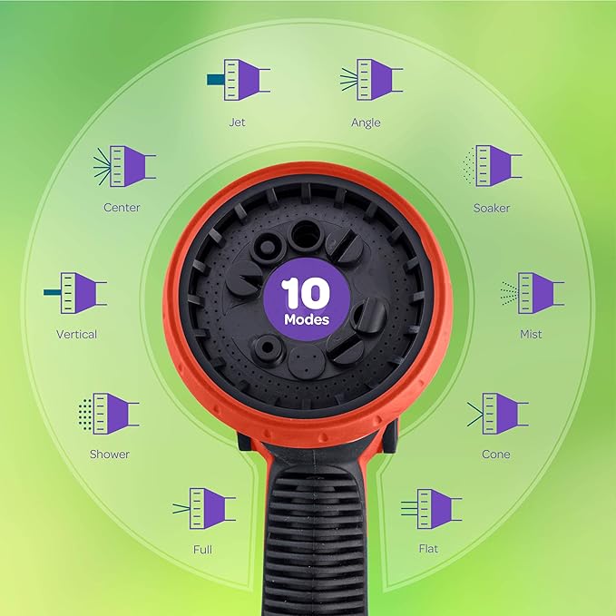Hose Nozzle [Red] Heavy Duty Hose Sprayer With 10 Adjustable Watering Patterns. Thumb Control Design, Comfortable Ergonomic Grip, Garden Hose Nozzle for Watering Plants & Lawns/Fun showers/Cleaning
