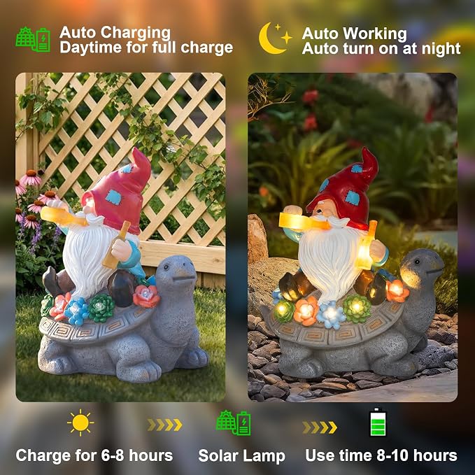 Dad Gifts for Fathers Day,Gnome Garden Decor Statue with Solar Light, Turtle with Succulent Birthday Gifts for Men Women Mom Grandma, Funny Waterproof Resin Figurine Outdoor Decor for Yard Patio Porch