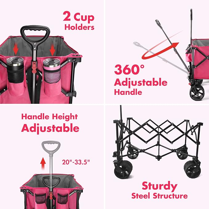 VILLEY Collapsible Folding Wagon with Big Wheels, Enlarged 225lbs Capacity, All Terrain Wagons Carts Heavy Duty Foldable, Portable Utility Garden Cart with 2 Cup Holders and Brake, Pink.
