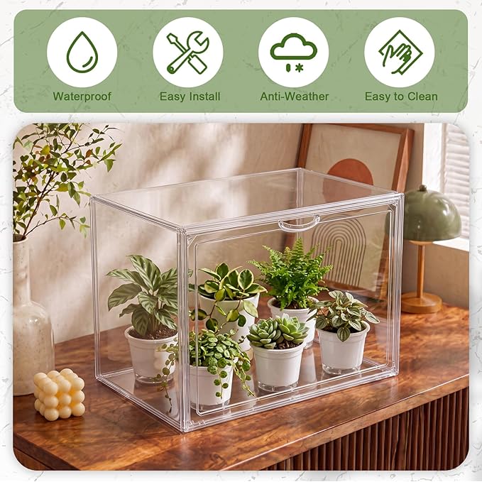 Novabright Mini Greenhouse Indoor, Clear Portable Tabletop Green House with Magnetic Door for Seed Starting, Plant Grow Warmer and Home Gardening Display(15.6 x 11.8 x 9.8 Inch)