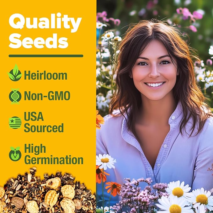 HOME GROWN Wildflower Seeds Bulk Mix | 90,000+ Non-GMO Perennial Flower Seed for Outdoor Planting | 24 Varieties to Attract Bees, Birds & Hummingbirds | Butterfly Garden | 3 oz