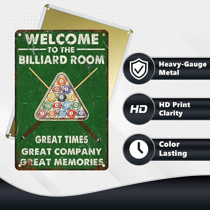 Retro Billiards Tin Sign Welcome to The Billiard Room Vintage Metal Poster great time great company great memories Nostalgic Wall Art Decorations for Home Bar Pub Man cave Shop 12 * 8 In