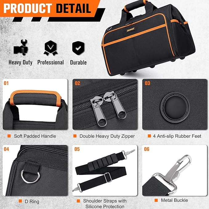 AUROPEAK Heavy Duty Tool Bag 17.3-Inch, 26-Pocket Large Organizer for Men Women with Adjustable Shoulder Strap, Waterproof, Foldable for HVAC Electricians Mechanics Craftsman Contractor