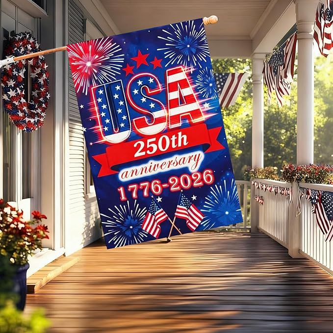 250 Anniversary Usa Garden Flags for Outside, 250 Anniversary USA Flag 1776-2026 Commemorative Patriotic Yard Sign Outdoor Firework Design Banner 4th of July Decorations Double Sided Waterproof 250 Year American Flag 28x40 Inch
