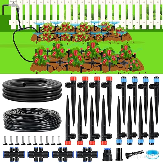 110FT Drip Irrigation System Kit, Automatic Garden Watering System Quick-Connect Adjustable Sprinklers for Raised Garden Beds, Greenhouse, Yard, Lawn, Plant with 1/2" & 1/4" Tubing and Accessories