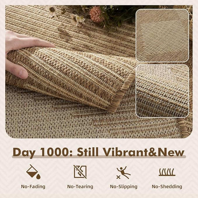 MontVoo-Outdoor Rug-Patio Rug 9x12 Polypropylene Indoor Outdoor Rug Outdoor Carpet for Patio Deck Balcony Porch, Textured Weave, Durable for High Traffic, Fade-Resistant, Boho Geometric Neutral Brown
