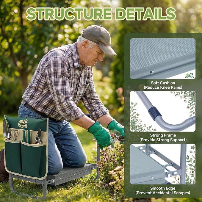 2-in-1 Garden Kneeler and WorkSeats Heavy Duty, Foldable Garden Bench with Wider & Thicker EVA Pad, Portable Gardening Stool with Exclusive Tool Handbag & Color Box, Garden Gifts for Senior