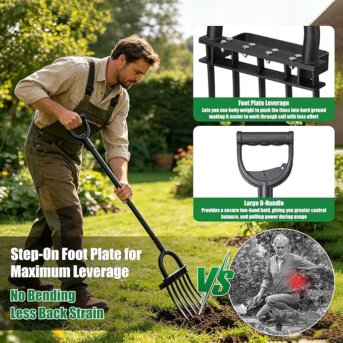 5-Tine Heavy Duty Garden Fork, 69" Metal Pitch Fork with Ergonomic D-Grip Handle for Digging, Weeding, Soil Loosening, Composting