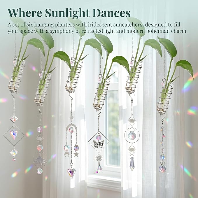 H&D HYALINE & DORA 6 Pcs Hanging Glass Propagation Stations with Crystal Suncatchers Glass Wall Planters for Indoor Plants Hydroponics Mini Test Tube Flower Vase with Metal Chain for Home Decor