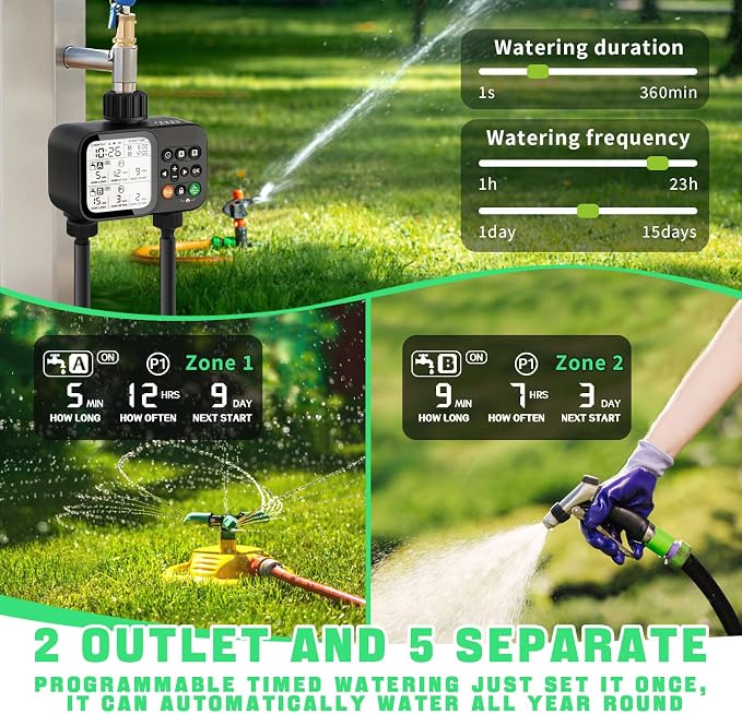 Sprinkler Timer for Garden Hose with Auto Rain Delay, 2 Zone Water Timer with 3.3“ Large LCD, IP54 Waterproof Drip Irrigation System Watering Timers for Plant, Yard, Lawns, Outdoor