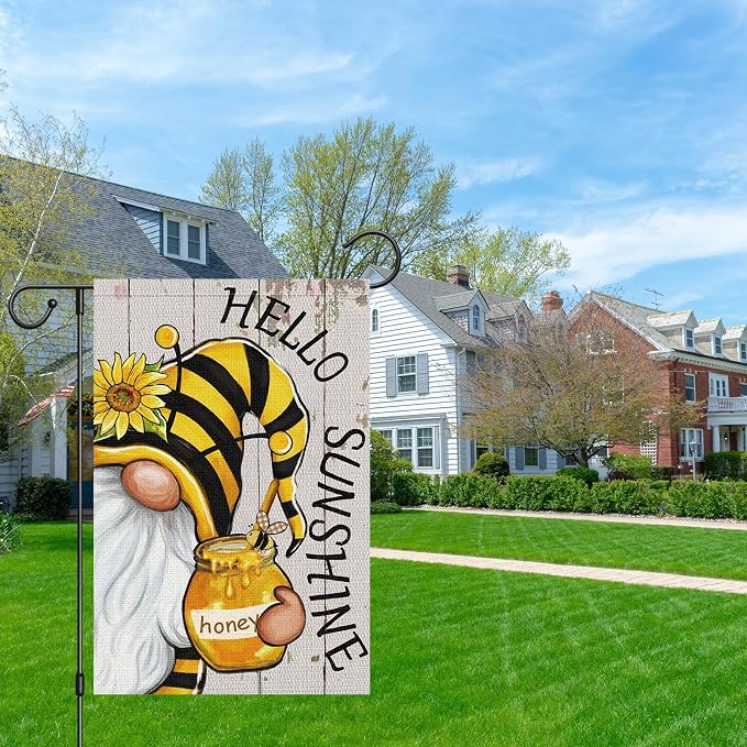 Heyfibro Hello Sunshine Summer Gnome Garden Flag 12x18 Double Sided Burlap Spring Sunflower Small Yard Banner for Rustic Seasonal Outside Outdoor House Decoration (ONLY FLAG)