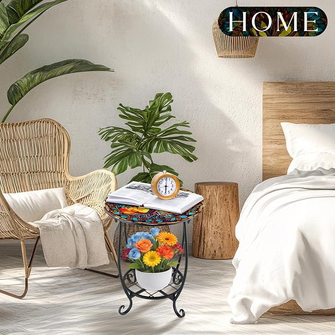 Cinnvoice Outdoor Side Table Round Small Mosaic Patio Accent Indoor End Plant Coffee Tea Table for Yard Patio Porch Garden Living Room, Bedroom(Tree of Life Style,12 Inch)