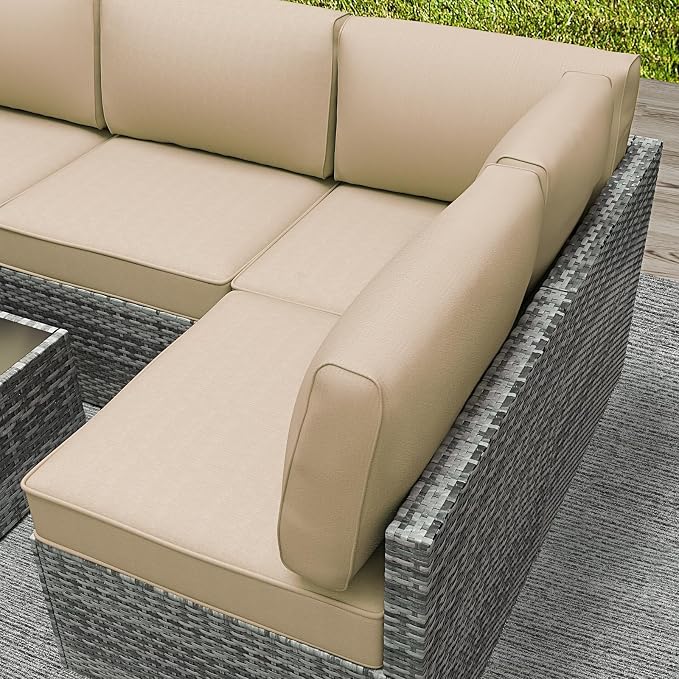 Outdoor Replacement Cushions for Patio Furniture,Water-Resistant Sofa Cushion for Rattan Wicker Sectional Patio Conversation Sets,14-Piece Outdoor Couch Cushion, Khaki