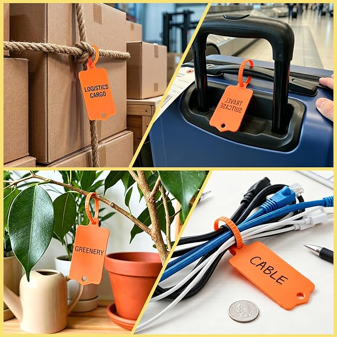 LeonBach 100 PCS Plastic Shipping Tags, 1.46" x 2.48", Waterproof Labels Writable Hanging Tag with Sealing Strap, Shipping Cable Tie Label Tags for Keys Luggage Logistic Retail Inventory(Orange)