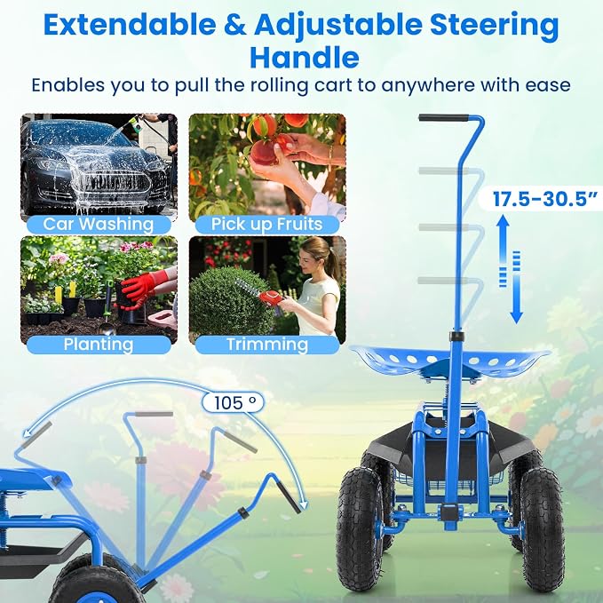 IRONMAX Garden Cart with Seat, Gardening Rolling Stool Scooter with 10’’ All-Terrain Wheels, Adjustable Steering Handle & Tool Tray and Basket for Outdoor Planting (Blue)