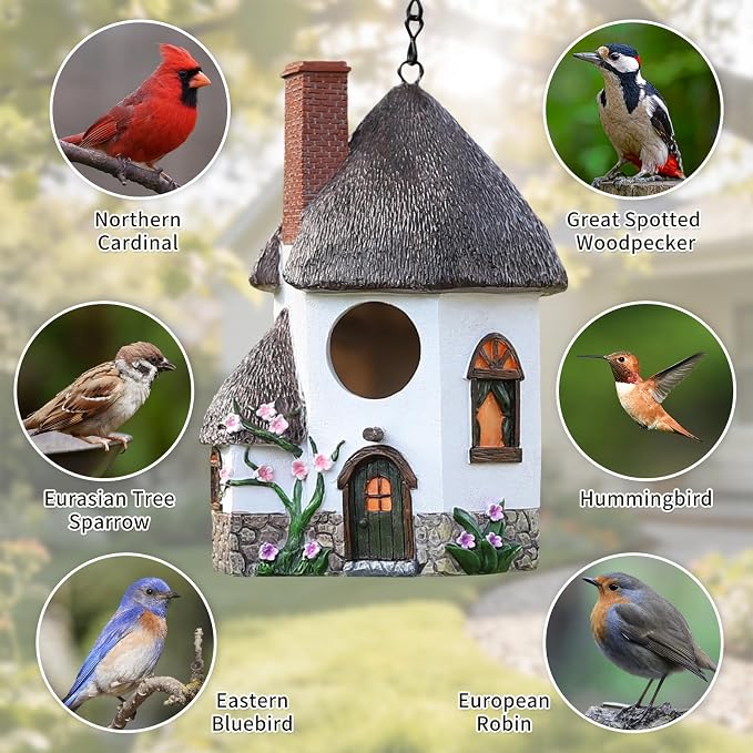 Bird Houses for Outside Rustic Cottage Birdhouse with Chimney Thatch Roof – Hand-Painted Resin Birdhouses for Outdoors for Bluebird Finches Cardinals Bird Nesting Garden, Patio, Yard
