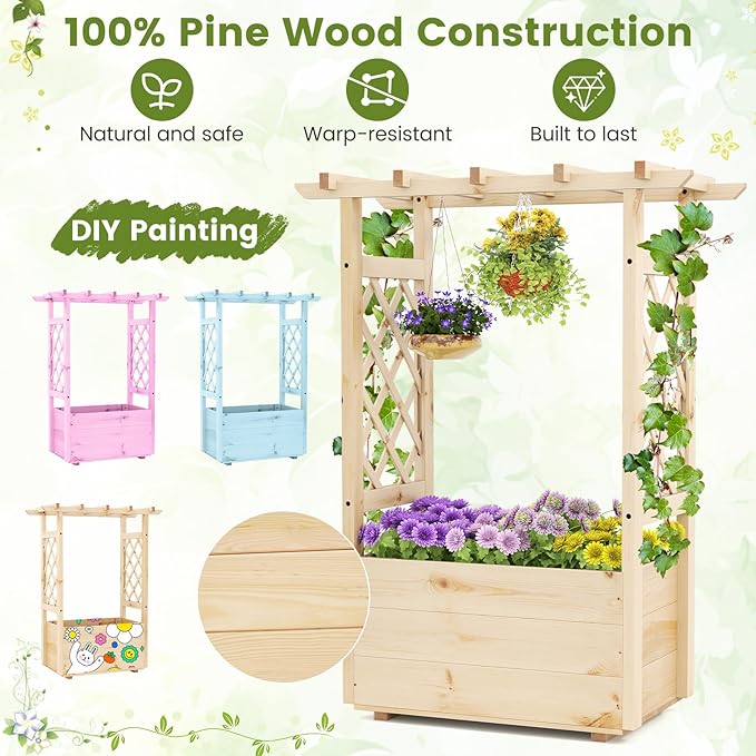 Giantex Raised Garden Bed with Sided Trellis & Hanging Roof, Wood Planter Box, Freestanding Garden Planter Raised Bed for Flowers Herbs Climbing Vines 31”x16”x41” (L x W x H)