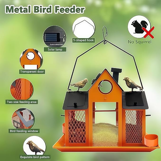 Solar Bird Feeders House for Outside Hanging, Metal Wild Bird Feeder for Outdoors Large Capacity Cardinal Birdfeeder Birdhouses Metal Bird Feeding Station Orange