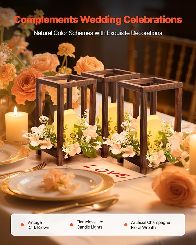 VEVOR 10 Set/30 Pcs Wooden Wedding Lantern Centerpiece, Includes 10 Wooden Lantern Candle Holder 10 Flameless LED Candle 10 Champagne Flower Wreath for Wedding Table Party Farmhouse Decor, Brown