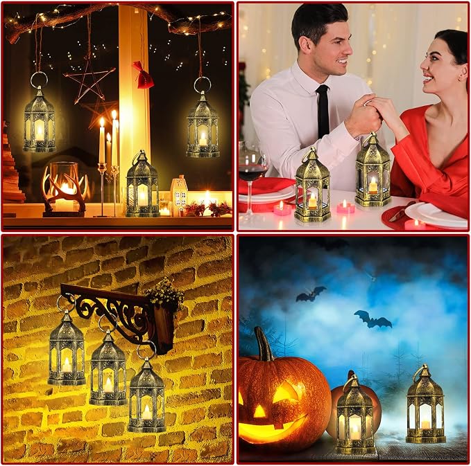 Hortsun 24 Pcs Vintage Lanterns Mini Lantern for Wedding Table Centerpiece Retro Decor with LED Candle Battery Powered Hanging for Medieval Wedding Cowboy Halloween Party Decoration Supplies(Gold)