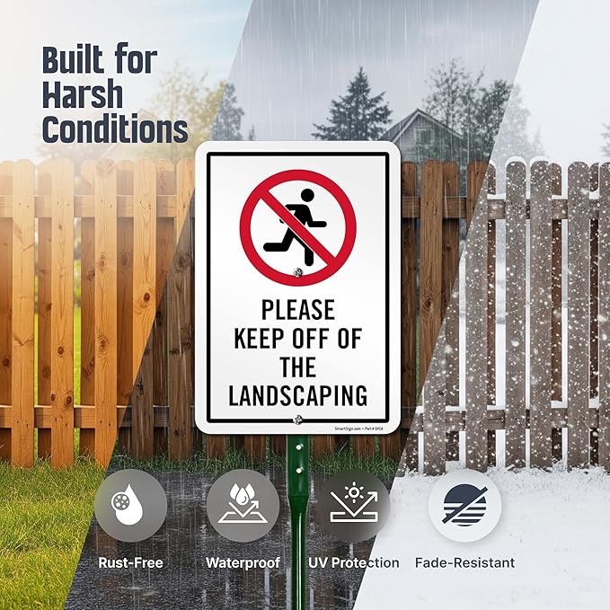 SmartSign 10 x 7 inch “Please Keep Off Of The Landscaping” LawnPuppy Yard Sign and 18 inch Stake Kit, 40 mil Laminated Rustproof Aluminum, Red, Black and White, Set of 1