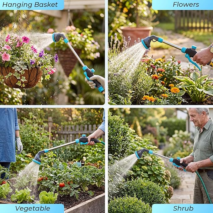 Hushee 2 Pack Garden Hose Watering Wand, 17.7 Inch Metal Watering Wand with 10 Spray Patterns and Shut Off Valve, Hose Sprayer Nozzle for Hanging Baskets Shrubs Plants Garden Lawn(Blue)
