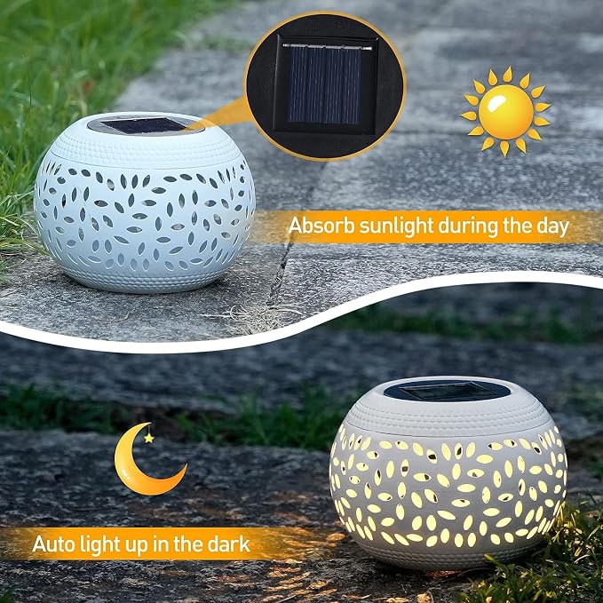 Solar Table Lanterns Outdoor Waterproof - LED Lamp White Metal Table Lights -Solar Powered Decorative Lantern for Desk Patio Garden Pathway Yard