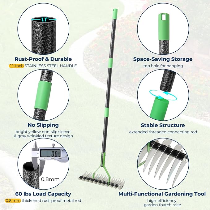 65" Thatch Rake & Garden Rake– 13" Narrow Dual-Sided Sharp Steel Tines, Adjustable Handle, Lightweight & Reversible Head for Precision Lawn Care, Debris Removal and Soil Leveling