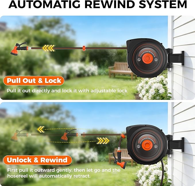 Mars Villa Retractable Garden Hose Reel 1/2 IN x 65 FT, Wall Mounted Heavy Duty Water Hose for Outside, Auto-Rewind & Any Length Lock, 180° Swivel Bracket, Slow Return, 10 Spray Patterns, UV-Resistant