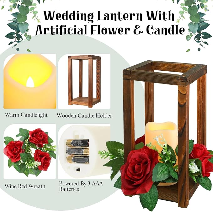 Hushee 30 Pcs Integrated Wedding Lantern Centerpiece Rustic Wooden Holder with Candles and Rings Farmhouse Candle Lantern Decor for Home Valentine Wedding Party Table Decor (Brown and Red)