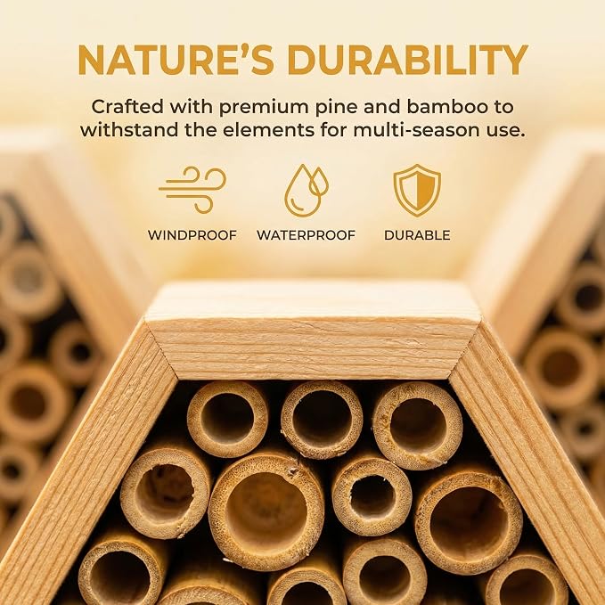 Mason Bee House - Handcrafted Natural Wooden Bee Hotel with Waterproof Wax Coating - Attracts Peaceful Pollinators, Enhances Garden Productivity