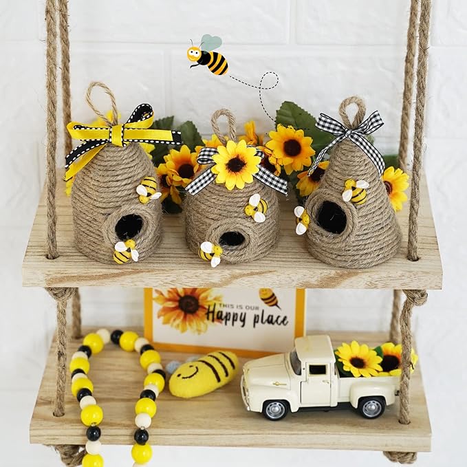 Bee Hive Decor,3 Pack Bumble Bee Rustic Hive,Natural Bee House, Bumble Bee Theme Party Decor Spring Summer Rustic Farmhouse Kitchecn Table Decorations, Honey Bee Tiered Tray Decoration