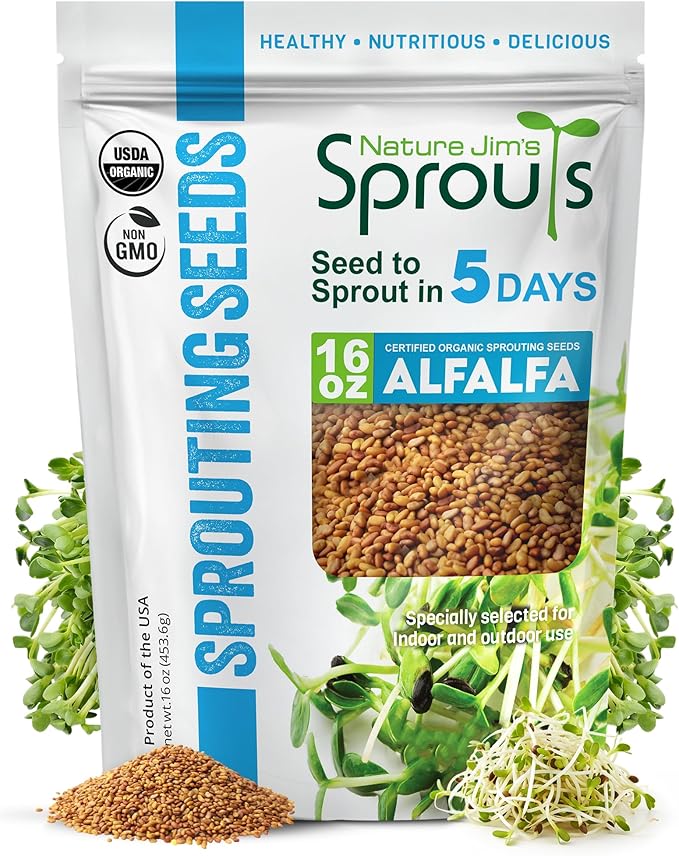 Nature Jims Sprouts Alfalfa Seeds – Non-GMO Organic Sprout for Growing & Planting – Premium Resealable Bag for Fresh Homegrown Sprouting Seeds – Rich in Nutrients, Vitamins, Fiber & Minerals – 16oz