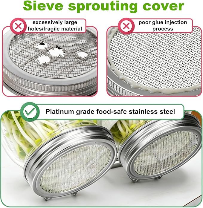 2pcs Sprouting Lids for Wide Mouth Mason Jars, Reusable Stainless Steel Sprout Growing Lid with Stand & Fine Mesh for Organic Alfalfa Broccoli Mung Bean Germination
