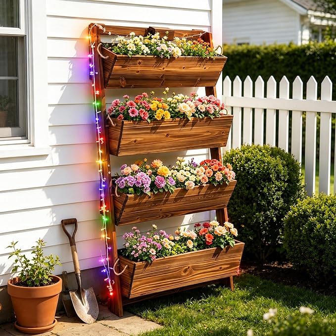 2026 Upgraded 4-Tier Wooden Vertical Raised Garden Bed with 11-Mode LED Lights and 3 Timer Settings, 51" H Wall-Leaning Tiered Planter Box with Tilt-Out Boxes, Liner & Drainage Holes for Patio