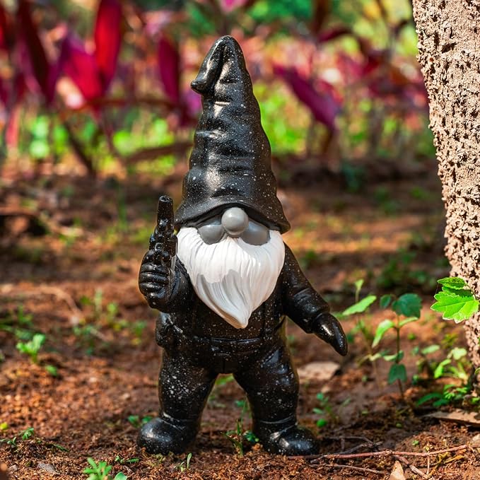 6.8" Funny Garden Gnome Statues with Gun Naughty Black Gnome Mini Gnome Figurine Patio Lawn Yard Decoration for Home Outdoor Christmas Birthday Gardening Gift