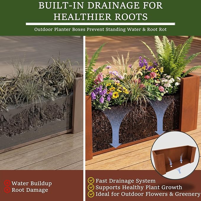 32 Inch Corten Steel Planter Box for Outdoor Plants, Large Rectangular Weathering Steel Planter with Drainage Holes, Metal Planter Box for Patio, Porch, Balcony, Backyard & Garden