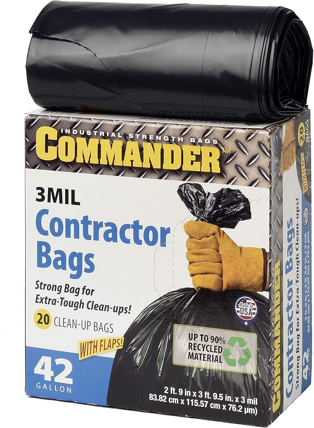 Commander 42 Gallon 3 MIL Black Heavy Duty Contractor Bags - 33" x 45" - Pack of 20 - For Contractor, Industrial, & Commercial