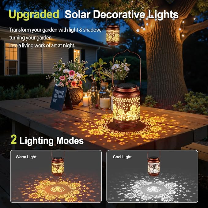 KOOPER Solar Lanterns Outdoor Waterproof Birthday Gifts for Women Mon Grandma, 2 Pack Brighter Hummingbird Hanging Solar Lantern Lights Outdoor, Metal Outdoor Decoration for Yard, Porch (Sunflower)