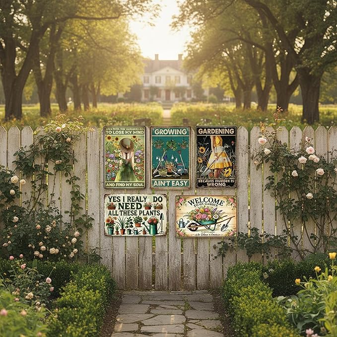 Vintage Metal Sign, Metal Wall Art, Funny Bar Signs, Motivational Positive Affirmations Wall Decor, Funny Tin Signs for Home Office School Gym & Locker Room 8x12 Inch (5Pcs Funny Metal Garden Sign)
